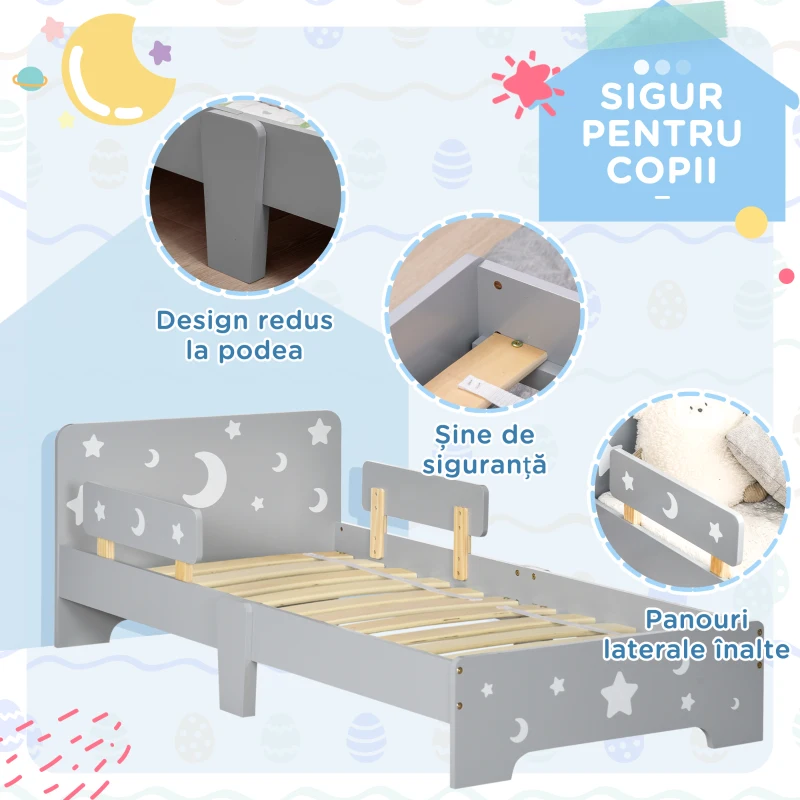 ZONEKIZ Pat pentru copii 3-6 ani cu stele si luna din MDF si PAL, 143x76x49 cm, culoare gri si lemn