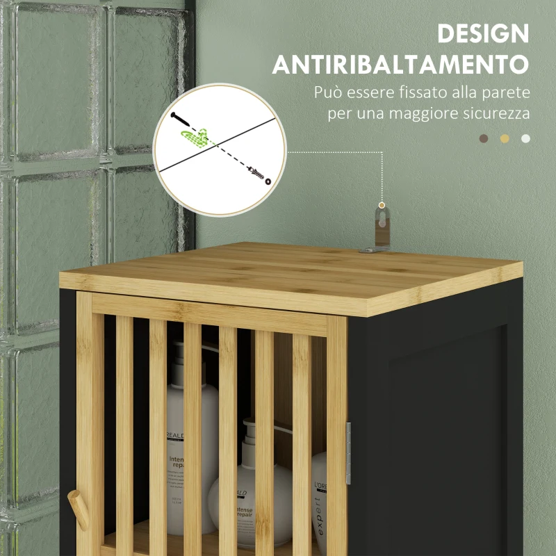 HOMCOM Mobiletto Bagno a Doghe con 2 Ripiani Aperti e 2 Armadietti, in MDF e Bambù, 32x30x172 cm, Nero e color Legno
