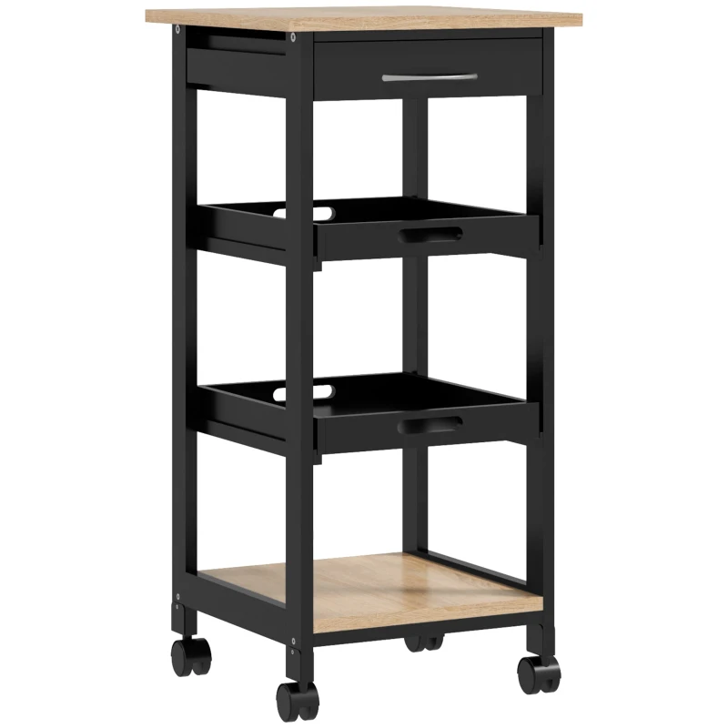 HOMCOM Carrito de servicio desfiladero de cocina con ruedas 2 bandejas extraíbles cajón estante Roble claro madera de pino Negro
