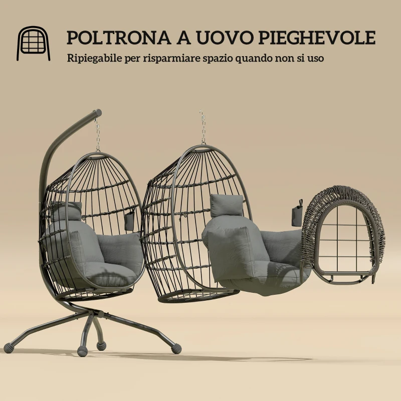 Outsunny Poltrona Sospesa a Uovo con Gancio Regolabile, 2 Cuscini e Cesto, in Acciaio, 120x88x192 cm, Nero e Grigio