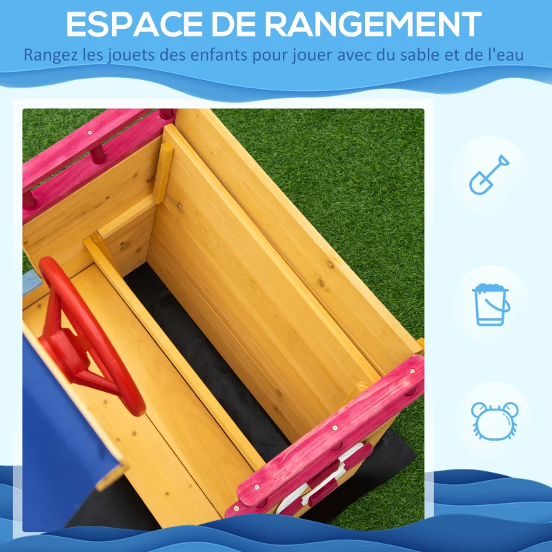 Outsunny Arenero de madera con forma de barco pirata - vela de sombra, caja de almacenamiento y timón - Madera de pino prefabricada