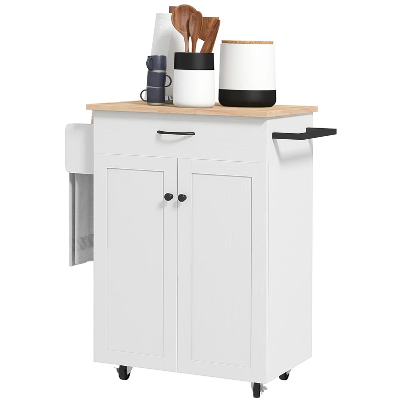 HOMCOM Isola da cucina con ruote piano in legno di eucalipto con cassetto armadio 2 porte 83 x 45 x 91,5 cm bianco