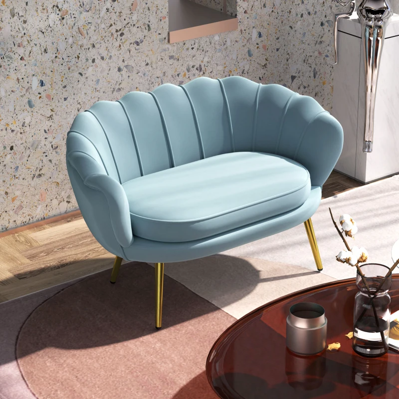 HOMCOM Divanetto 2 Posti in Stile Industrial Chic in Tessuto Effetto Velluto e Metallo, 130x77x77 cm, Azzurro