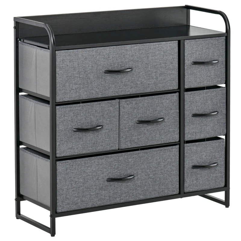 HOMCOM Cómoda 7 cajones Mueble de Almacenamiento cajón en tela plegable - estructura acero Negro - 80x29x78,5 cm Negro y Gris