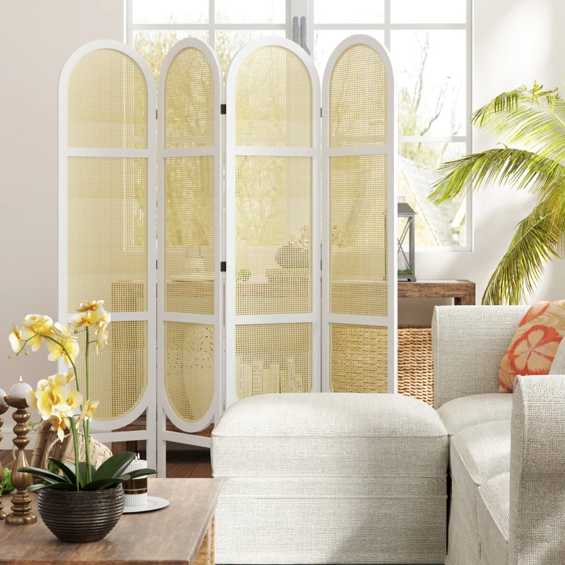 HOMCOM Biombo interior de madera 4 paneles 170x160 cm plegable y portable patrón tejido a mano Blanco