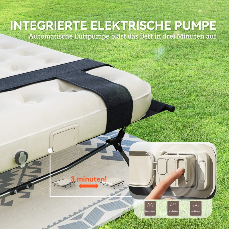 Outsunny Feldbett Campingbett mit Luftmatratze Pumpe 200 x 153 cm belastbar bis 200 kg Schwarz+Khaki