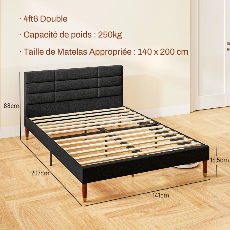 HOMCOM Marco de cama doble para 2 personas con somier de láminas y cabecero acolchado compatible con colchón 140x200 cm Negro