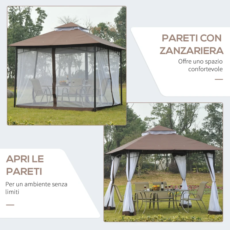 Outsunny Gazebo da Giardino 3x3m con Zanzariera, Tetto a 2 Livelli e Struttura in Metallo Marrone