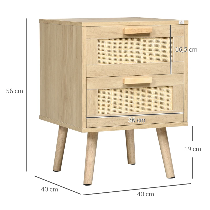 HOMCOM Conjunto de 2 mesitas de noche mesas auxiliares 2 cajones fachadas de mimbre estilo bohemio 40x40x56 cm natural(m-3)
