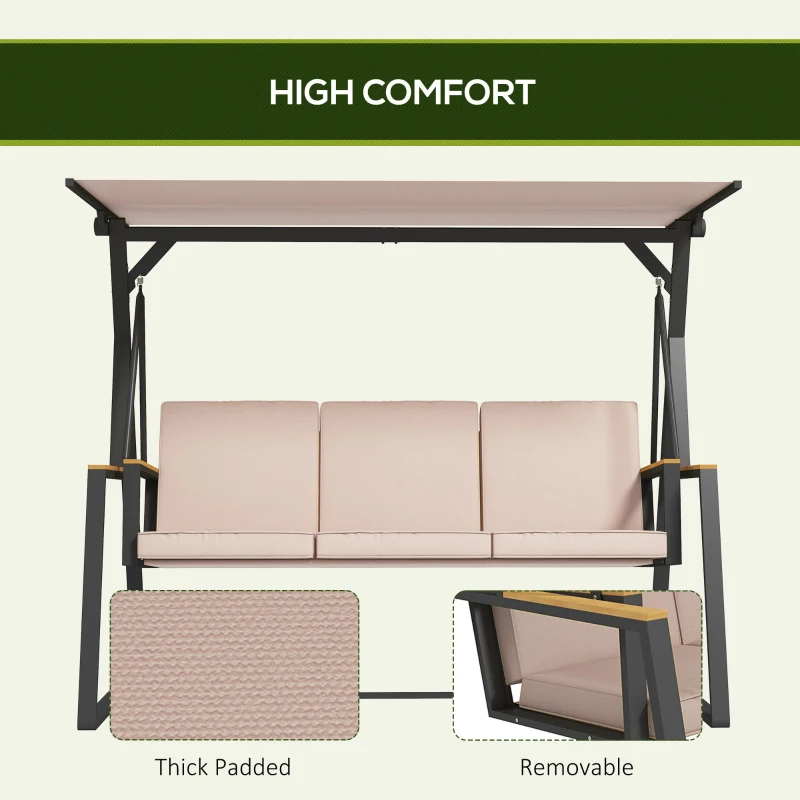 Outsunny Tuin schommelbank Hollywoodschommel 3-zits, met zonnedak, weerbestendig, Beige + Zwart