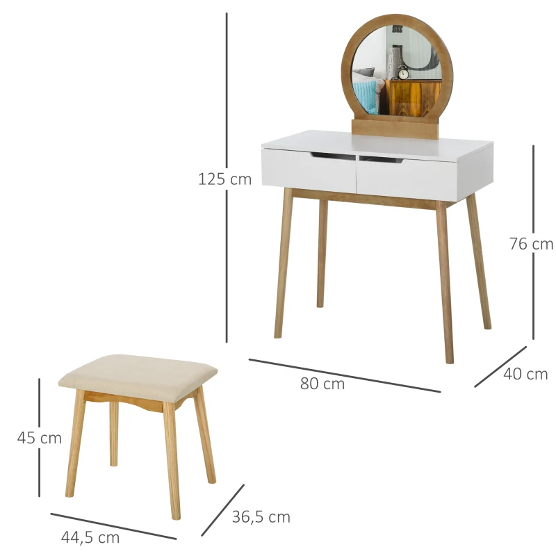 HOMCOM Tocador Diseño escandinavo Mesa de Maquillaje con Espejo 2 cajones y Taburete Blanco pino Claro
