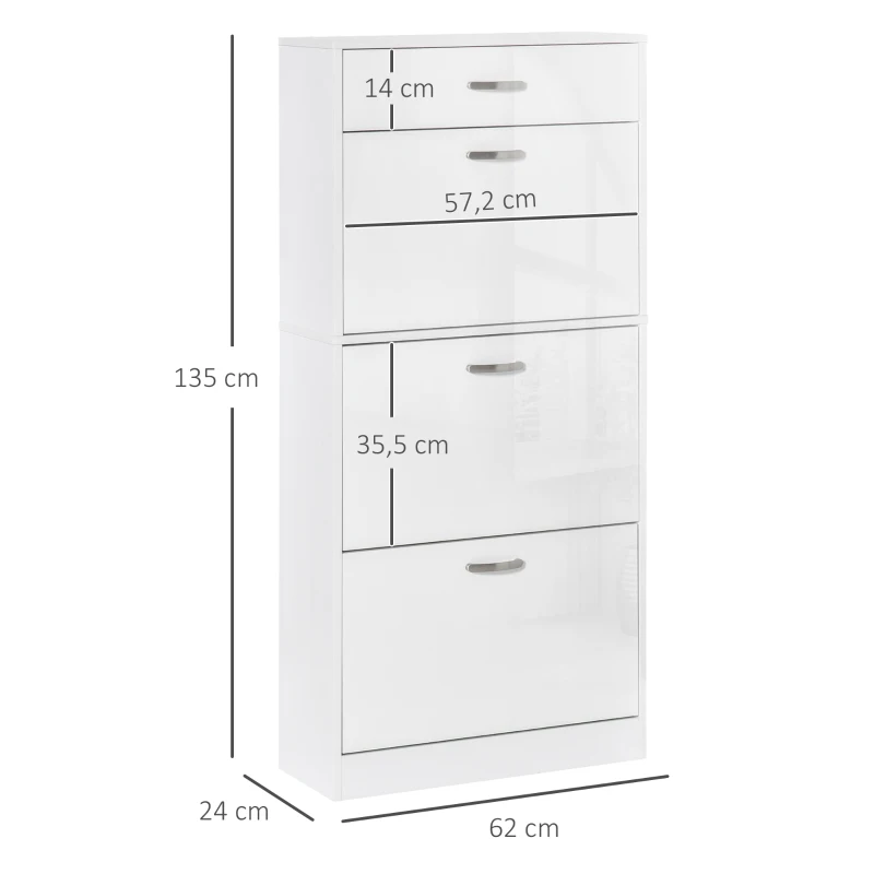 HOMCOM Mueble de Zapatos - 3 Puertas abatibles y cajón Deslizante - 62x24x135 cm - asas aluminio Paneles Partículas Blanco