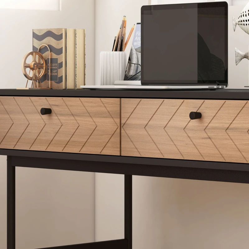 HOMCOM Escritorio compacto consola con 2 cajones frentes de espiga estructura metal Negro 106x50x77 cm