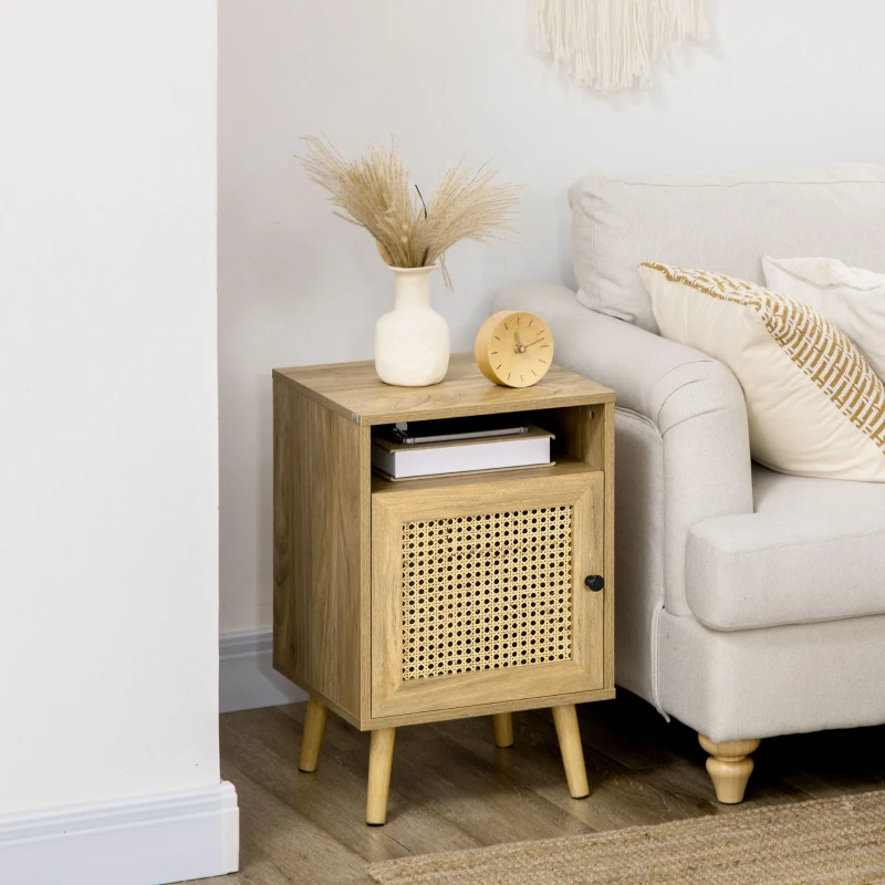 HOMCOM Mesa de noche mesita de noche con armario puerta cannage y nicho diseño vintage 39x35x60 cm Madera Natural