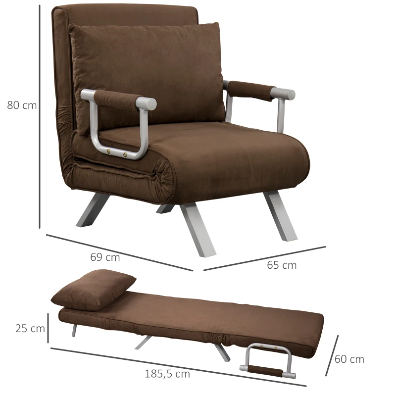 HOMCOM Sillón sofá-cama convertible 1 plaza desenfundable Gran Comodidad Cojín Patas apoyabrazos de metal gamuza Marrón