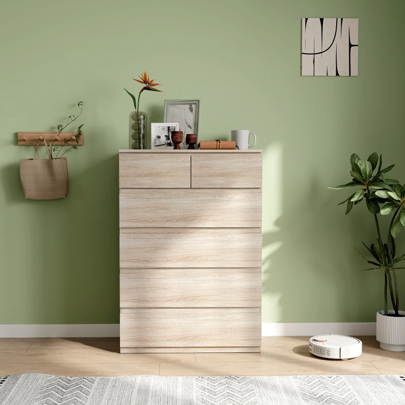 HOMCOM Cómoda 6 cajones Mueble de Almacenamiento sin tiradores diseño minimalista 80x39x115 cm Madera Natural