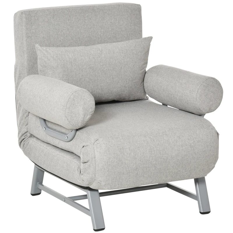 HOMCOM Sillón sofá-cama Convertible reclinable 1 Plaza Gran Comodidad Cojín lumbares reposabrazos base metal Lino Gris Claro