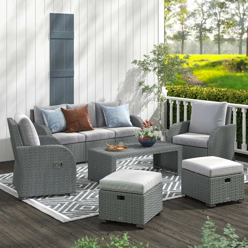 Outsunny Six-piece Outdoor Rattan Dining Set, Outdoor Sofa Set with Reclining Armchairs and Mental Frame, Grey
