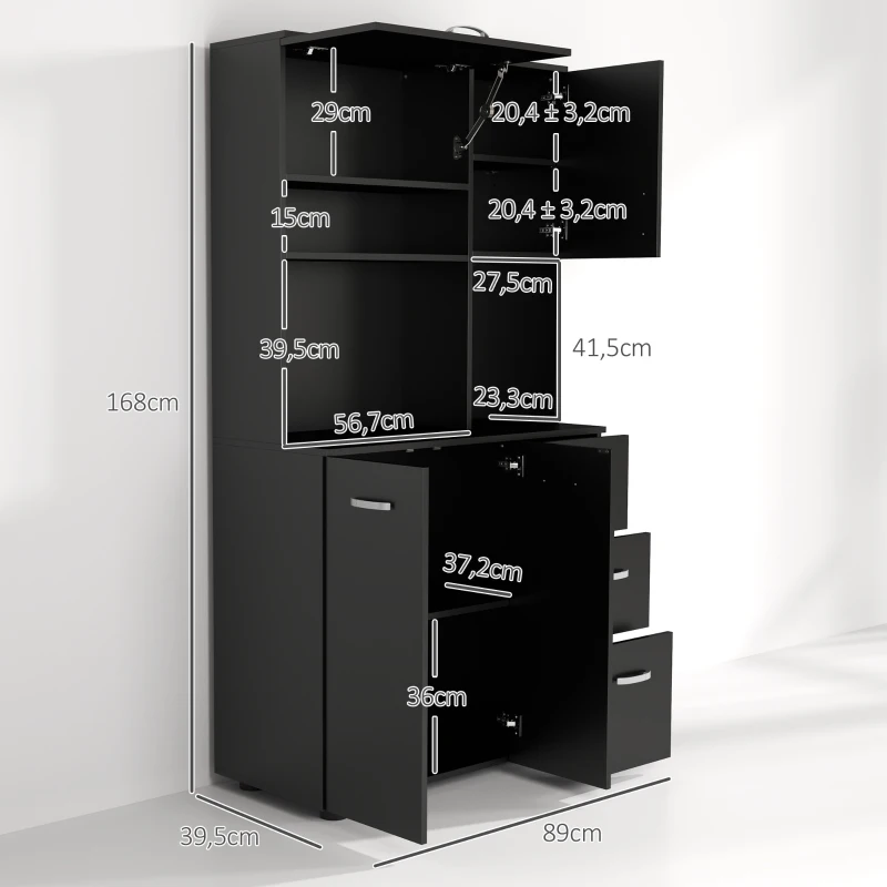 HOMCOM Armario de cocina multi-almacenaje 4 puertas 3 cajones estante + gran plataforma 89x39,5x168 cm Negro