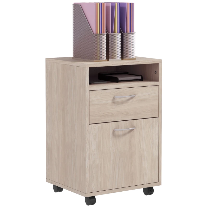 HOMCOM Archivador de oficina con ruedas cajón estante armario y bandeja para documentos y carpeta colgante 40x35x60 cm Roble