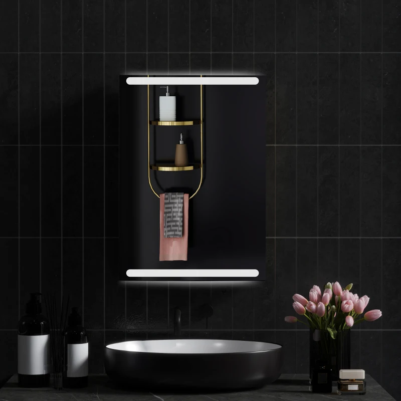 HOMCOM Armario mural baño con espejo iluminación LED y estantes de vidrio ajustables 50x12,5x70 cm Madera Natural