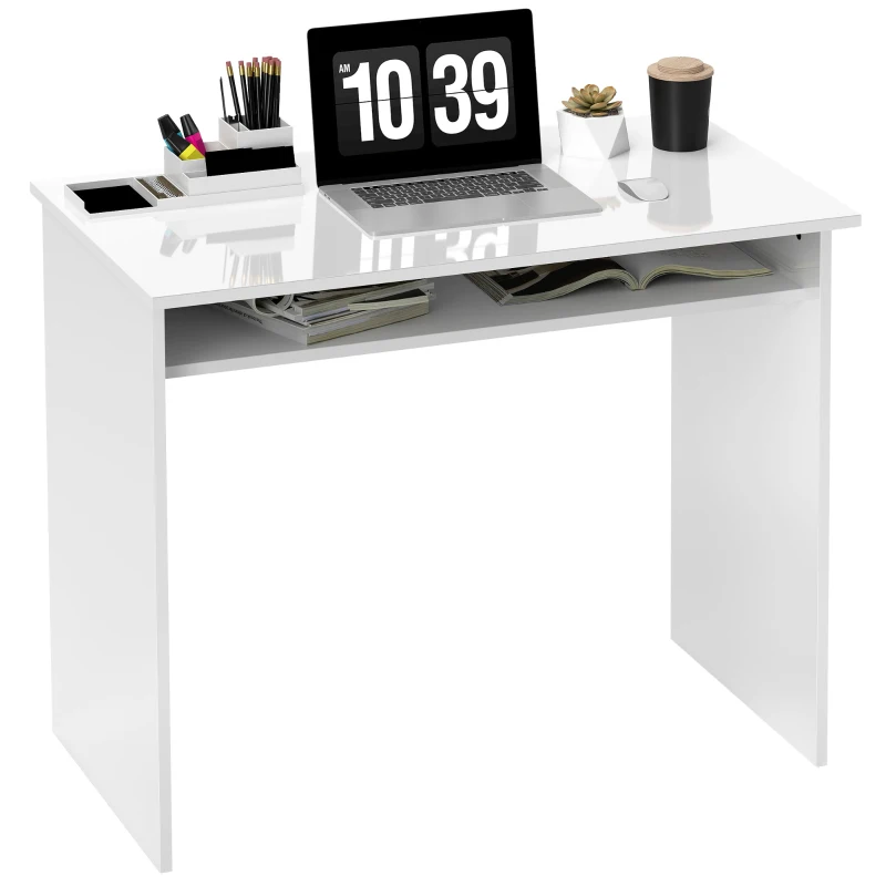 HOMCOM Escritorio de ordenador sobrio y compacto con 1 estante paneles de partículas 90x50x74 cm Blanco lacado