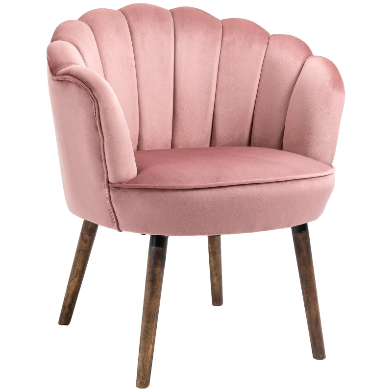 HOMCOM Sillón Concha Sillón de Salón Dormitorio con Respaldo y Cojín Aspecto Terciopelo Patas en Madera de Caucho 66x66x78,5 cm Rosa