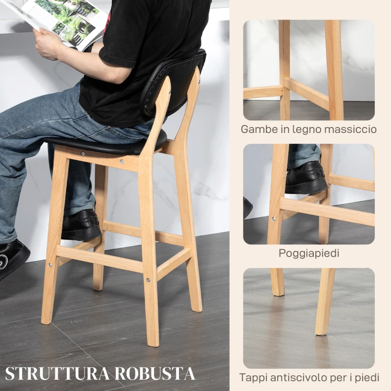 HOMCOM Set 2 Sgabelli da Bar con Schienale, Rivestimento Finta Pelle e Poggiapiedi, 42x47x92cm, Nero
