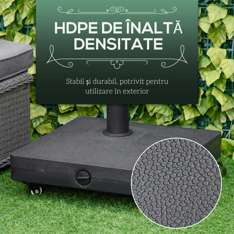 Outsunny Baza pentru Umbrela de Soare cu Roti Se poate Umple pana la 20kg, Postament din HDPE pentru Stalpi de Ø38-48mm, 45x45x39cm, Negru