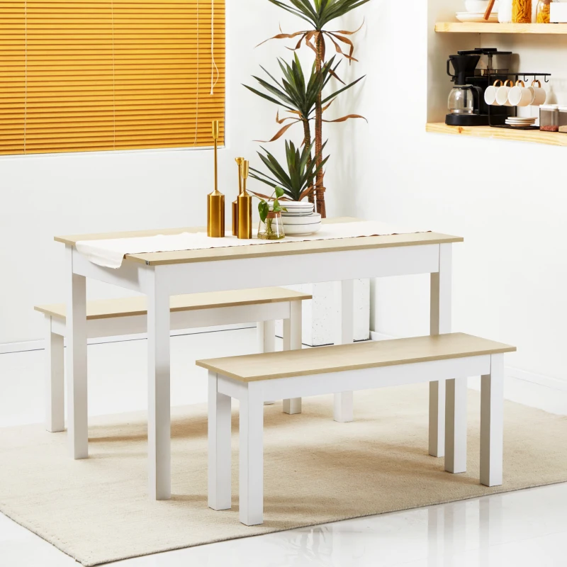 HOMCOM Conjunto de mesa de comedor de 3 piezas con 2 bancos encastrables para 4-6 personas Estilo contemporáneo paneles de partículas
