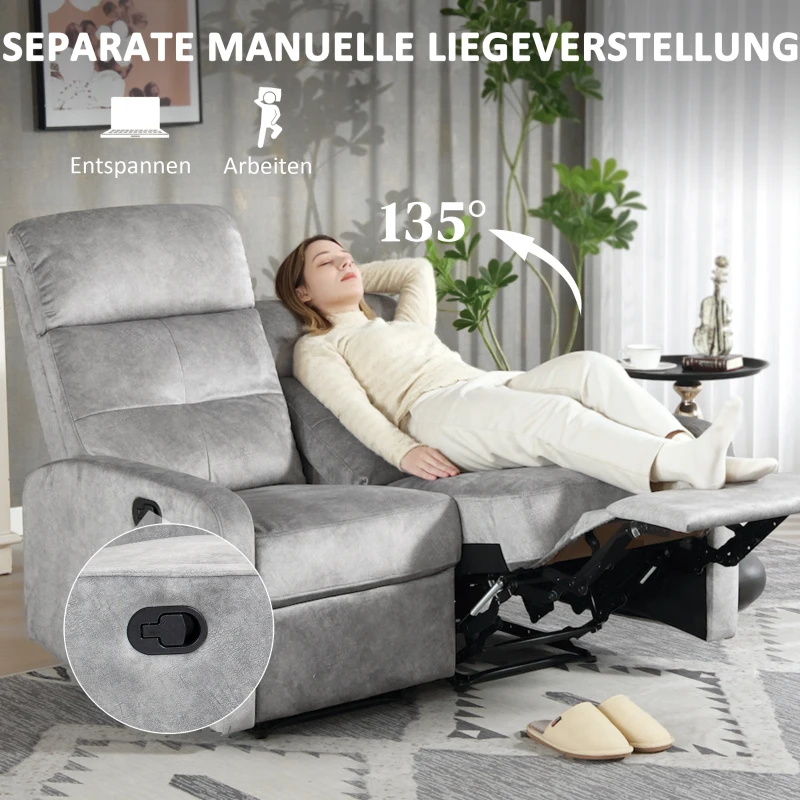 HOMCOM Dubbelzit-Stoel, Relaxstoel met Verstelbare Dubbele Rugleuning en Voetensteun, voor Woonkamer, Stoffen Bekleding, Grijs(m-4)