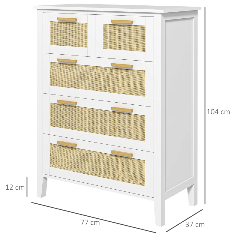 HOMCOM Cómoda 5 cajones asas de madera maciza correderas de metal para oficina salón dormitorio 77x37x104 cm Blanco