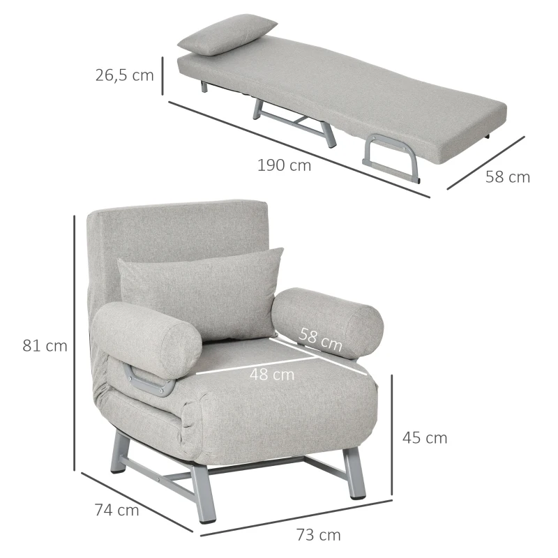HOMCOM Sillón sofá-cama Convertible reclinable 1 Plaza Gran Comodidad Cojín lumbares reposabrazos base metal Lino Gris Claro