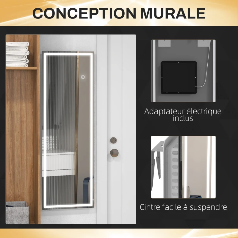 HOMCOM Espejo de cuerpo entero de pared con LED ajustable interruptor táctil vidrio grueso 4 mm 40x120x2,9 cm