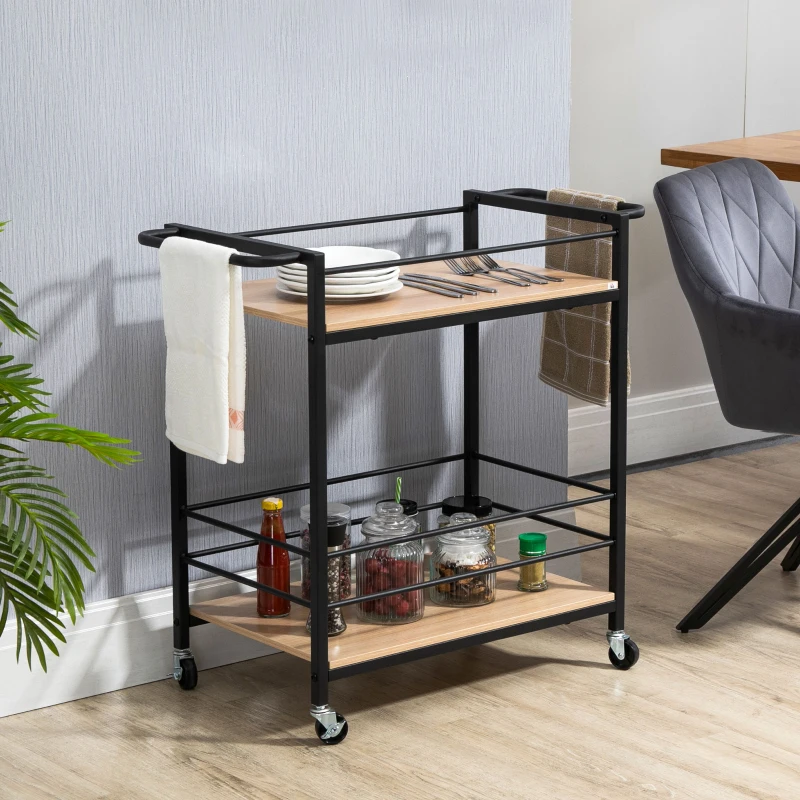 HOMCOM Carrello da Cucina con Ruote, 2 Ripiani, Telaio in Metallo e Aspetto Legnoso, 82 x 40 x 75 cm, Legno naturale