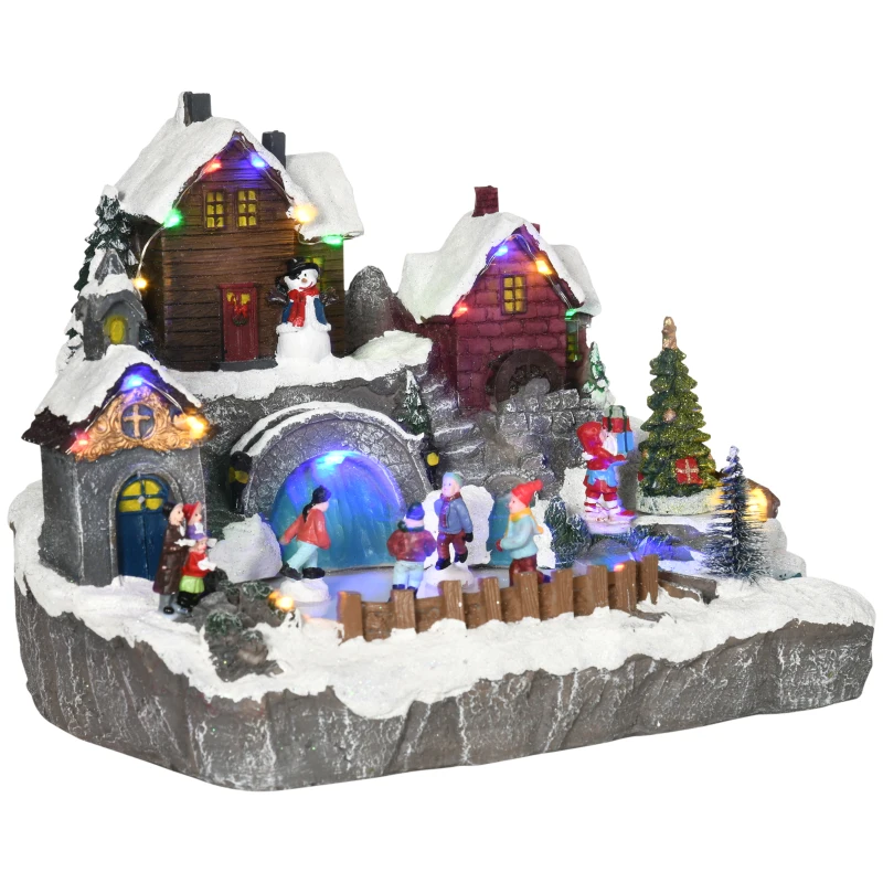 HOMCOM Aldeia de Natal Cena Decorativa de Natal Iluminada com Luzes LED Árvore Giratória e Pista de Patinagem 32x25,5x24cm Multicor