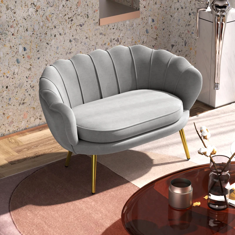 HOMCOM Canapé 2 places en tissu velours en forme de coquillage avec coussin épais de 10 cm pieds dorés effilés gris clair