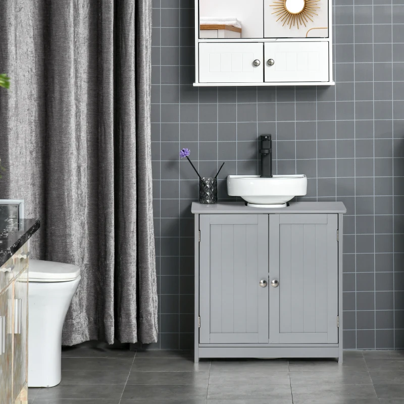 kleankin Mueble de baño bajo lavabo - mueble bajo lavabo - armario 2 puertas con estante 60x30x60 cm - en madera Gris