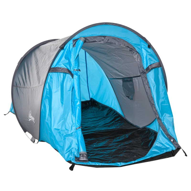 Outsunny Pop up Zelt für 1-2 Personen Campingzelt für 3 Jahreszeiten Polyester Glasfaser Blau+Grau 220 x 108 x 110 cm