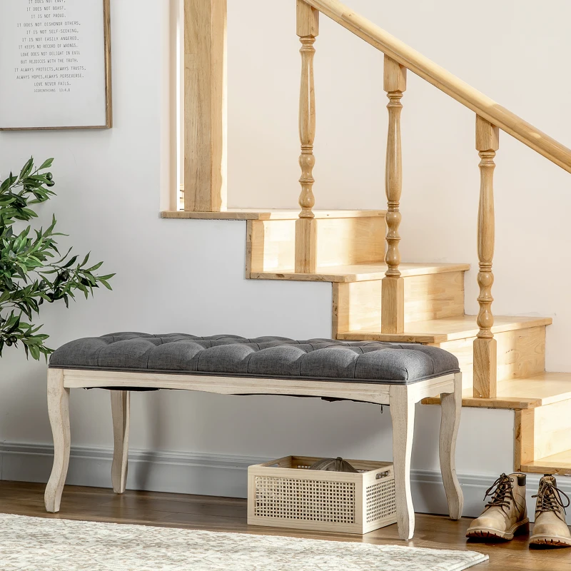 HOMCOM Banco Acolchado Banqueta Estilo Clásico 110 cm Pie de Cama Tapizado en lino patas de madera de hevea talladas Gris