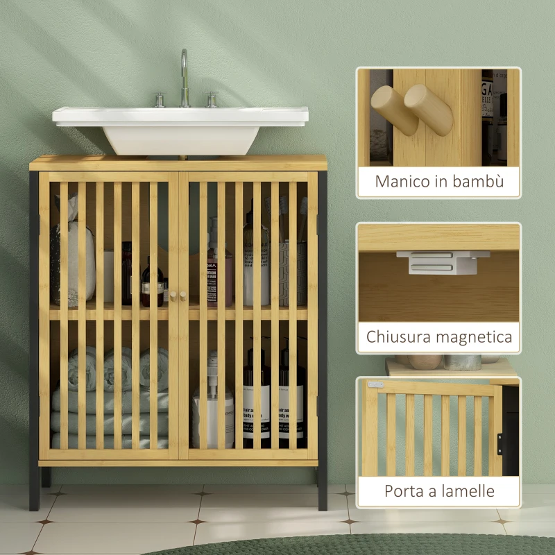 HOMCOM Mobile Sottolavabo Bagno con 2 Ante a Doghe in Legno di Bambù e MDF con Intaglio a U, 60x30x70cm