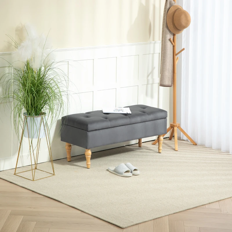 HOMCOM Banco baúl de almacenamiento 2 en 1 banqueta de terciopelo con tapa abatible acolchada y patas de madera Gris Oscuro