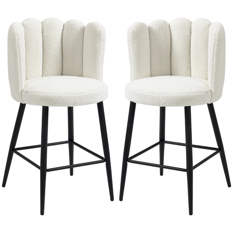 HOMCOM Conjunto de 2 sillas altas taburetes de bar con reposapiés acero tela efecto lana bouclé altura 65 cm Crema Negro