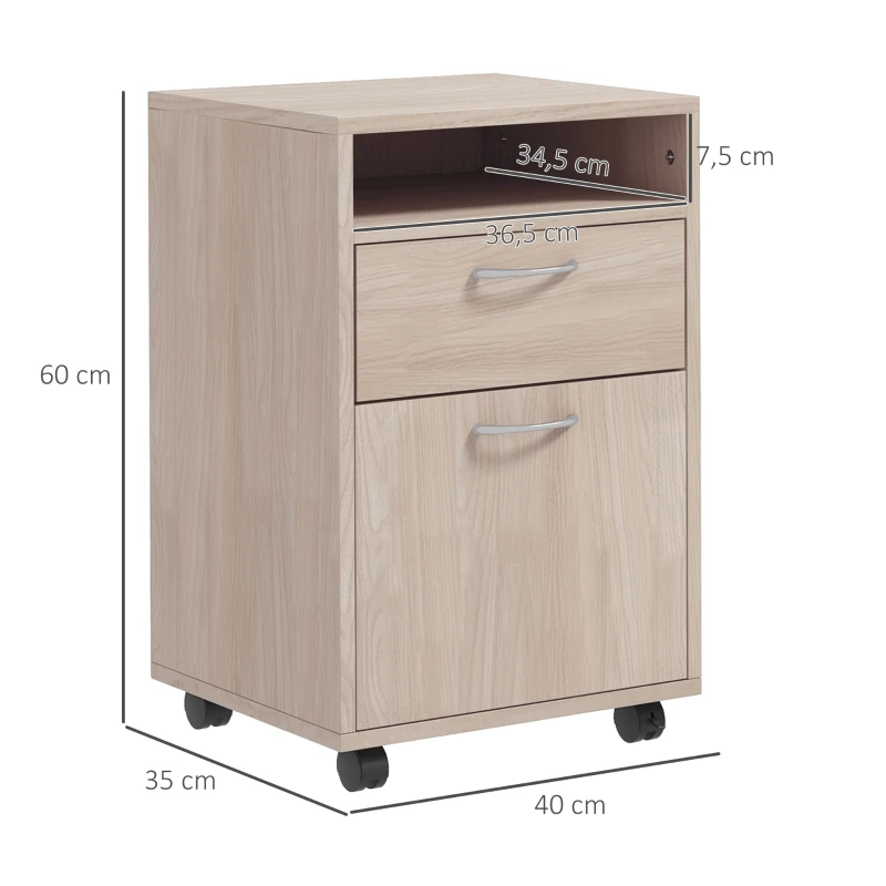 HOMCOM Archivador de oficina con ruedas cajón estante armario y bandeja para documentos y carpeta colgante 40x35x60 cm Roble
