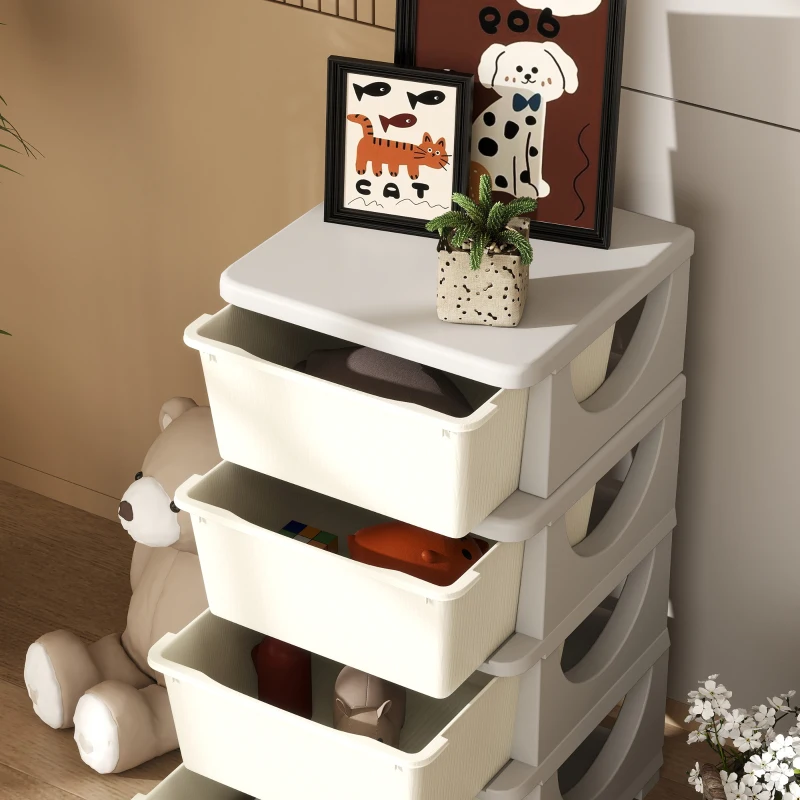 HOMCOM Cajas de almacenamiento para niños, 4 grandes cajones, bordes redondeados, plástico, 37x37x76 cm, Crema