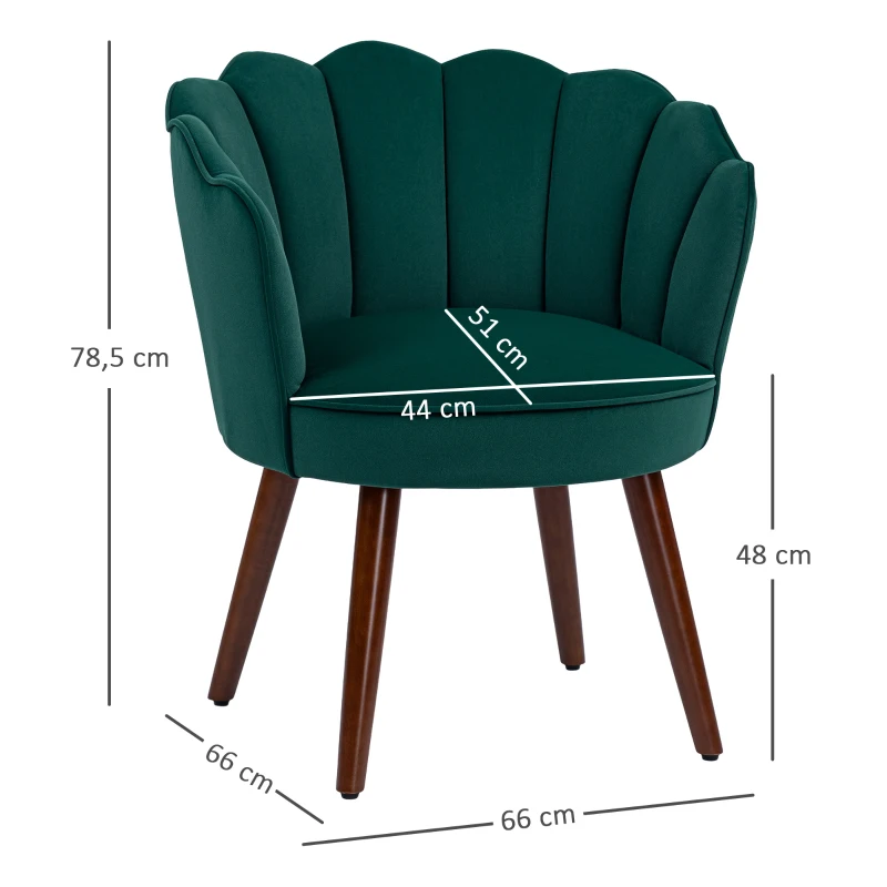 HOMCOM Sillón Concha Sillón de Salón Chambre con Respaldo y Cojín Aspecto Terciopelo Patas en Madera de Caucho Verde