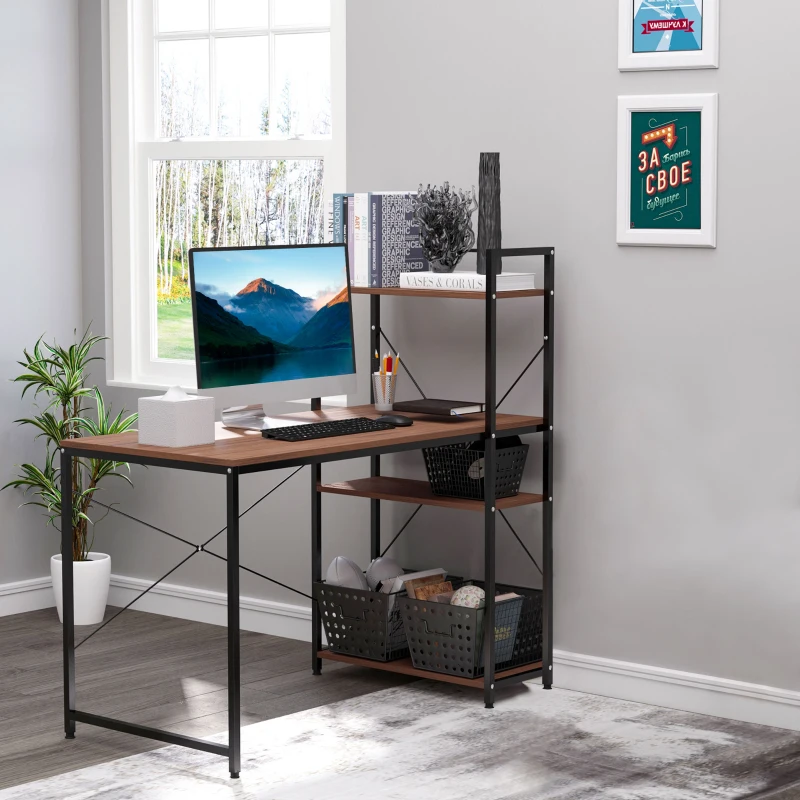 HOMCOM Escritorio con estantes de almacenamiento y biblioteca de 120 cm de diseño industrial en madera de nogal
