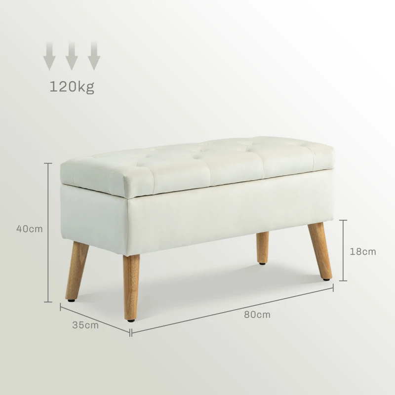 HOMCOM Banco de almacenamiento baúl de almacenamiento tela efecto terciopelo patas de madera carga máx 120 kg 80x35x40 cm Crema