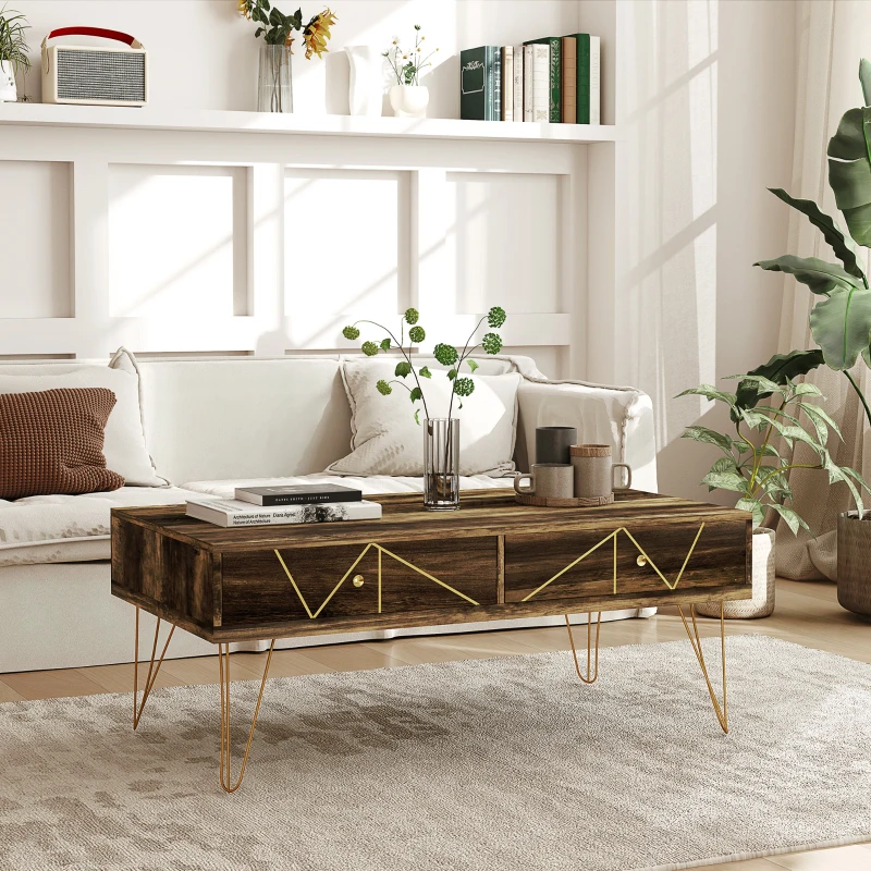 HOMCOM Mesa de Café de Madera Mesa de Centro con Gran Tablero y 2 Cajones Diseño de Lujo Elegante Decoración con Líneas Doradas