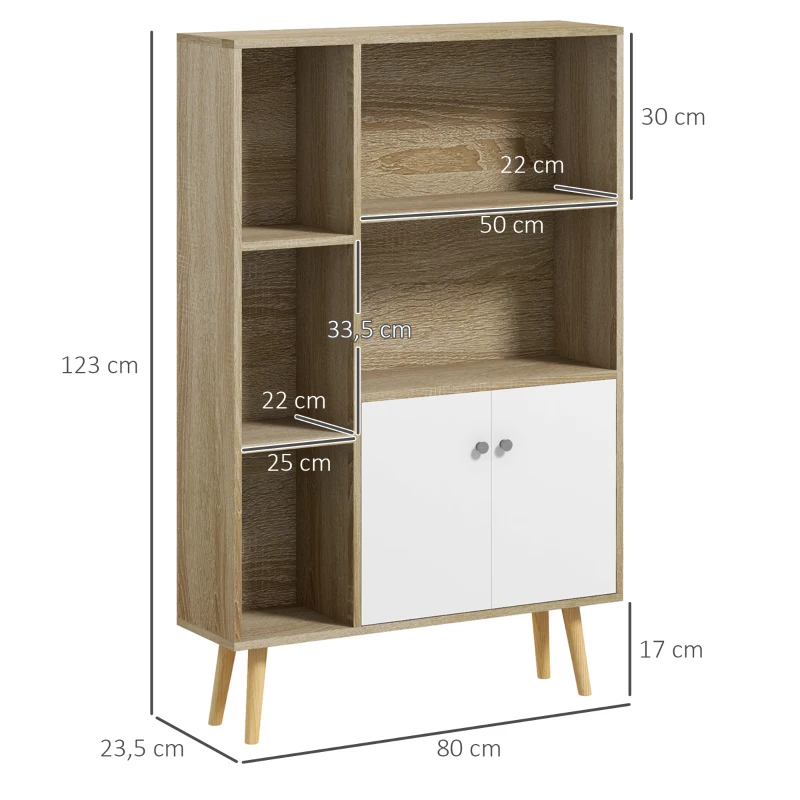 HOMCOM Estantería escandinava Mueble de Almacenamiento 80x23,5x123 cm 5 nichos armario 2 puertas patas inclinadas